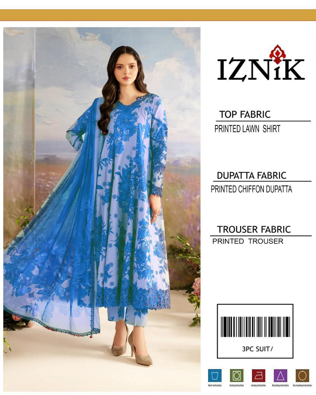 3 Pcs Women's Unstitched Printed Suit Blue - Iznik