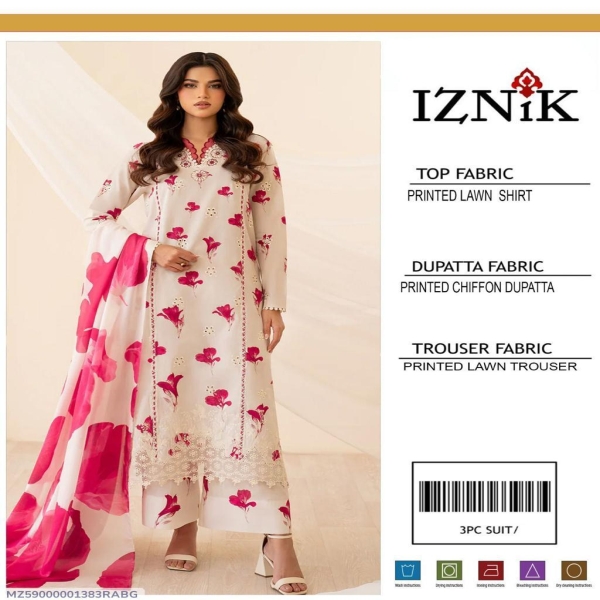 3 Pcs Women's Unstitched Printed Suit White & Red - Iznik