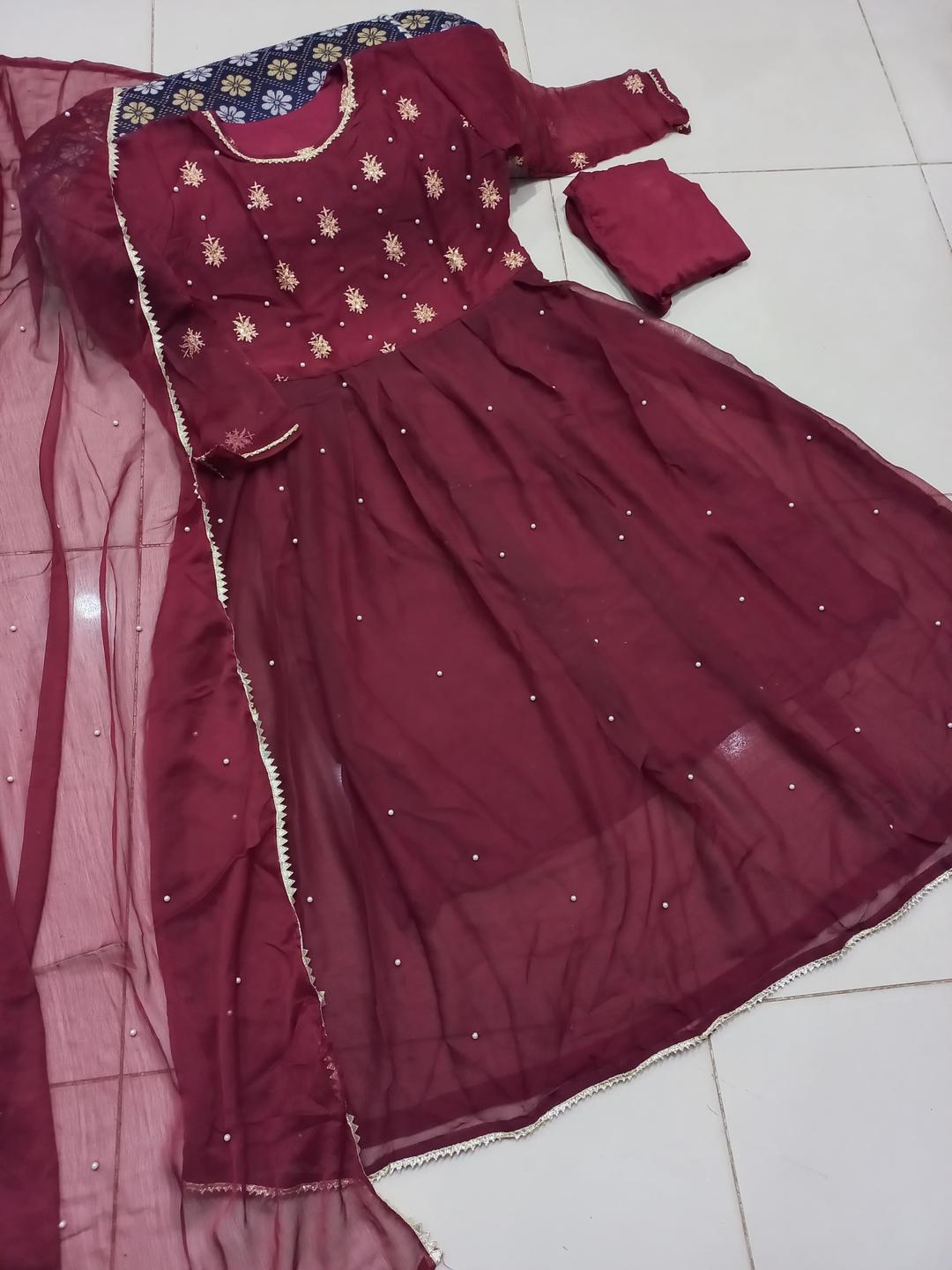 Exquisite Maroon Embroidered Maxi Suit - 3 Pcs Set for Women