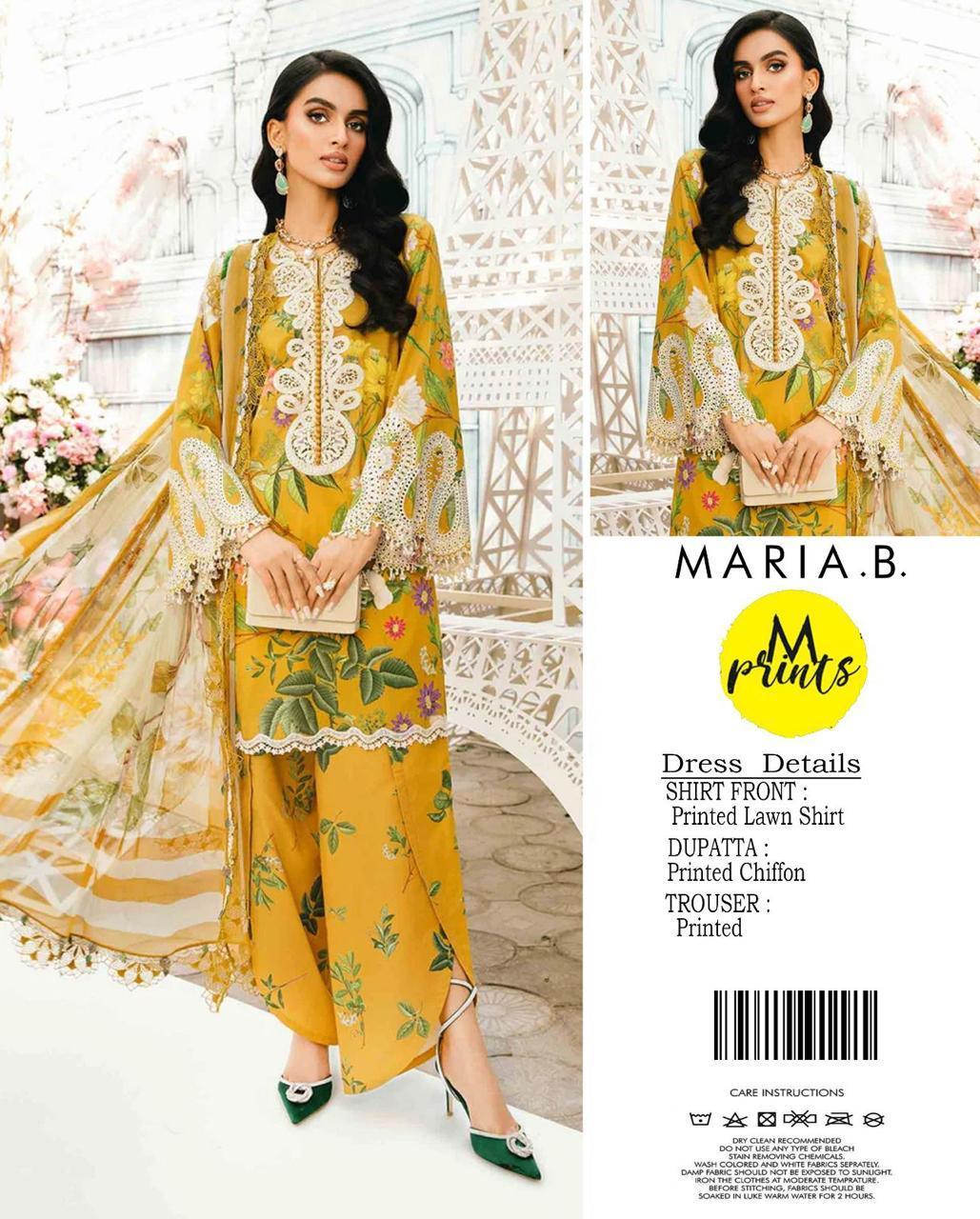 3 Pcs Women's Unstitched Printed Suit Yellow - Maria B.