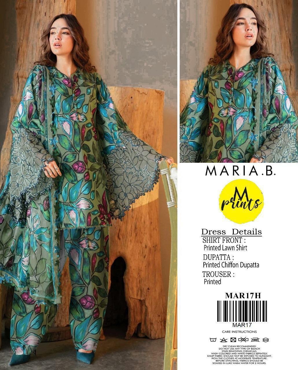 3 Pcs Women's Unstitched Printed Suit Blue - Maria B.