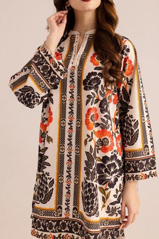 Stylish Printed V-Neck Shirt and Plain Trouser Set - 2 Pcs for Women