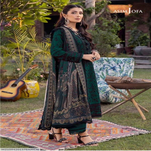 Embroidered 3-Piece Unstitched Lawn Suit - Asim Jofa - Green