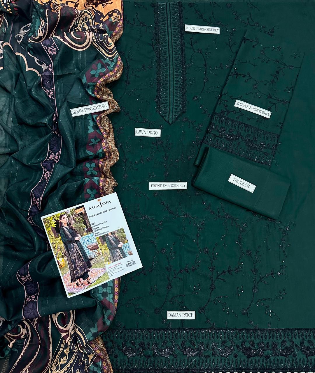 Embroidered 3-Piece Unstitched Lawn Suit - Asim Jofa - Green