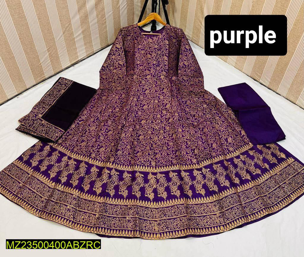 3 Pcs Katan Silk Screen Printed Maxi Purple
