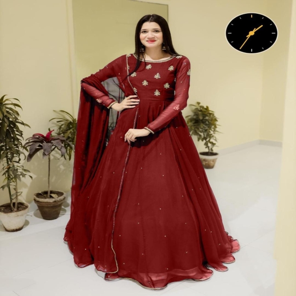 Exquisite Maroon Embroidered Maxi Suit - 3 Pcs Set for Women