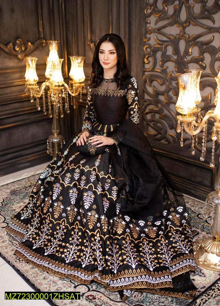 3 Pcs Women's Stitched Fancy Katan Silk Printed Maxi